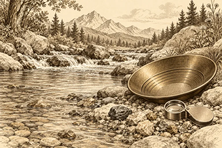 An ink illustration of a prospecting pan beside an ordinary rocky stream.
